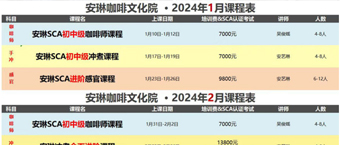 安琳咖啡文化院——2024年01月-03月SCA初中级咖啡师课程安排